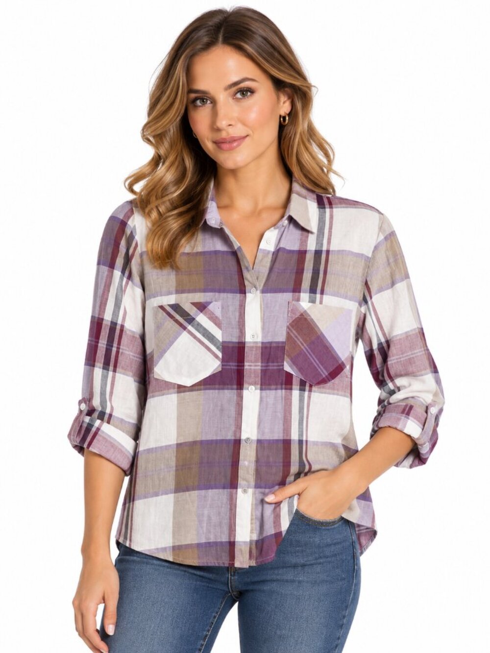 Zara Woman Plaid Button-Up Shirt โ 100% Cotton โ Purple Burgundy โ Size M